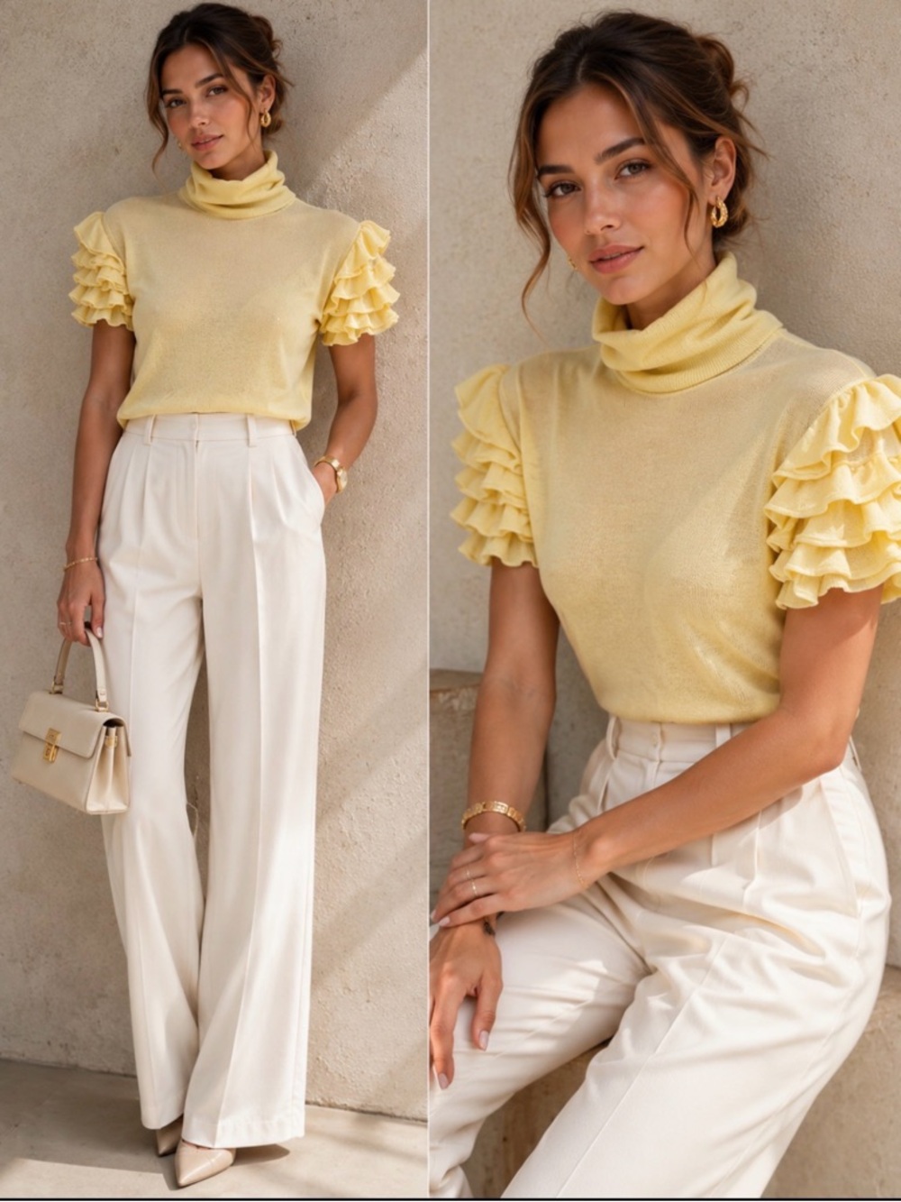 RED Valentino Butter Yellow Ruffle Sleeve Mock Neck Knit Top.